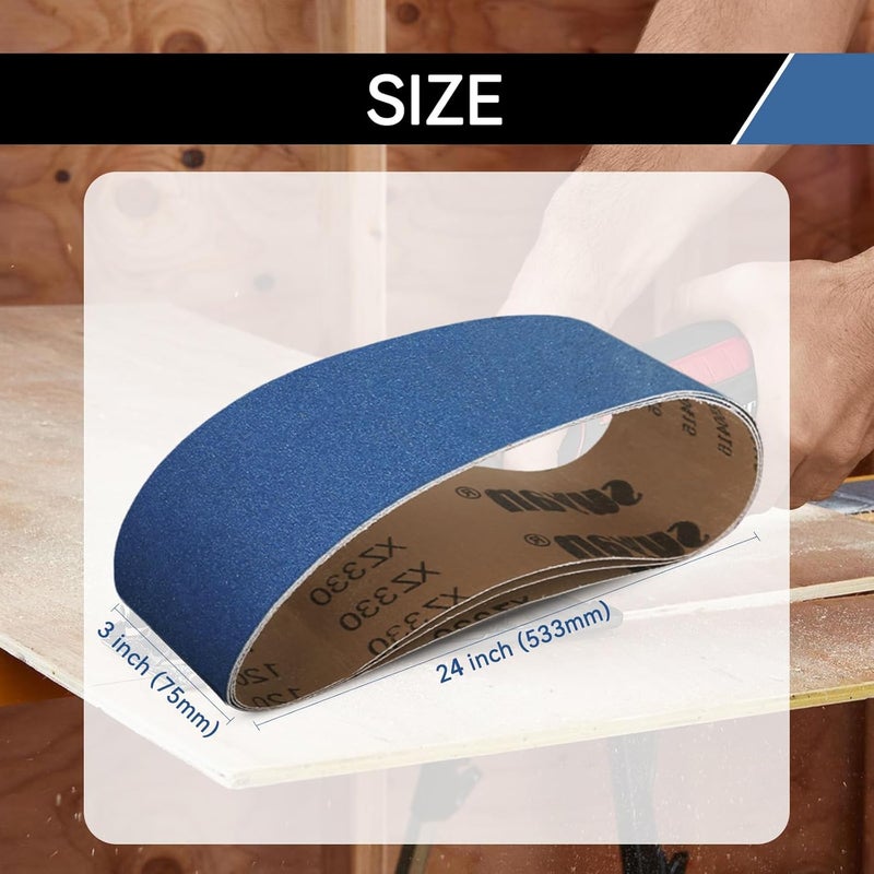 Aolabela 3x24 Inch Sanding Belts 18 Pcs 6 Grits Sizes (3 Each of 60/80/120/150/240/400 Grits) Heavy Duty Belt Sander Zirconia Belt Sander Paper for Wood, Metal, Stainless Steel, Cars, and Furniture - Image 2